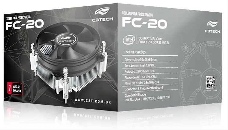 Cooler Universal Para Processador, Intel, C3Tech Fc-20Bk, Alumínio, 115X, 1200 - Imagem do Produto