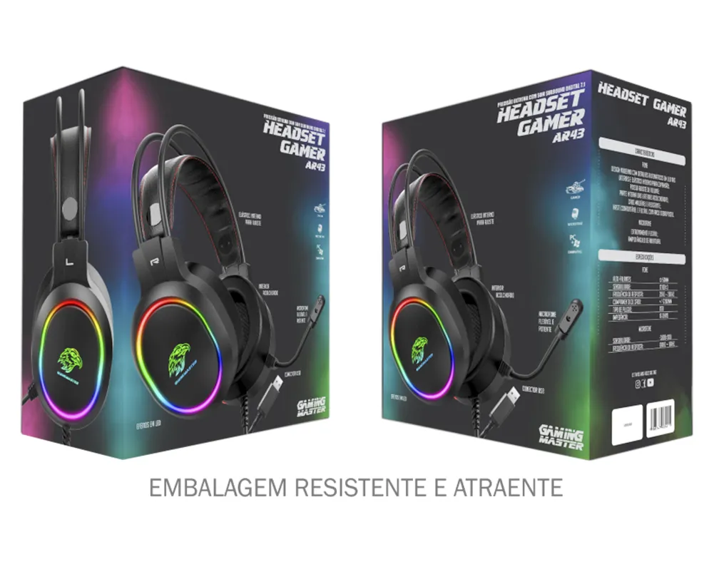 Headset Gamer K Mex Ar43, Usb, 7.1 Virtual, Preto, Com Microfone, Led Rgb, Ar43000S71Ppb0x - Imagem do Produto