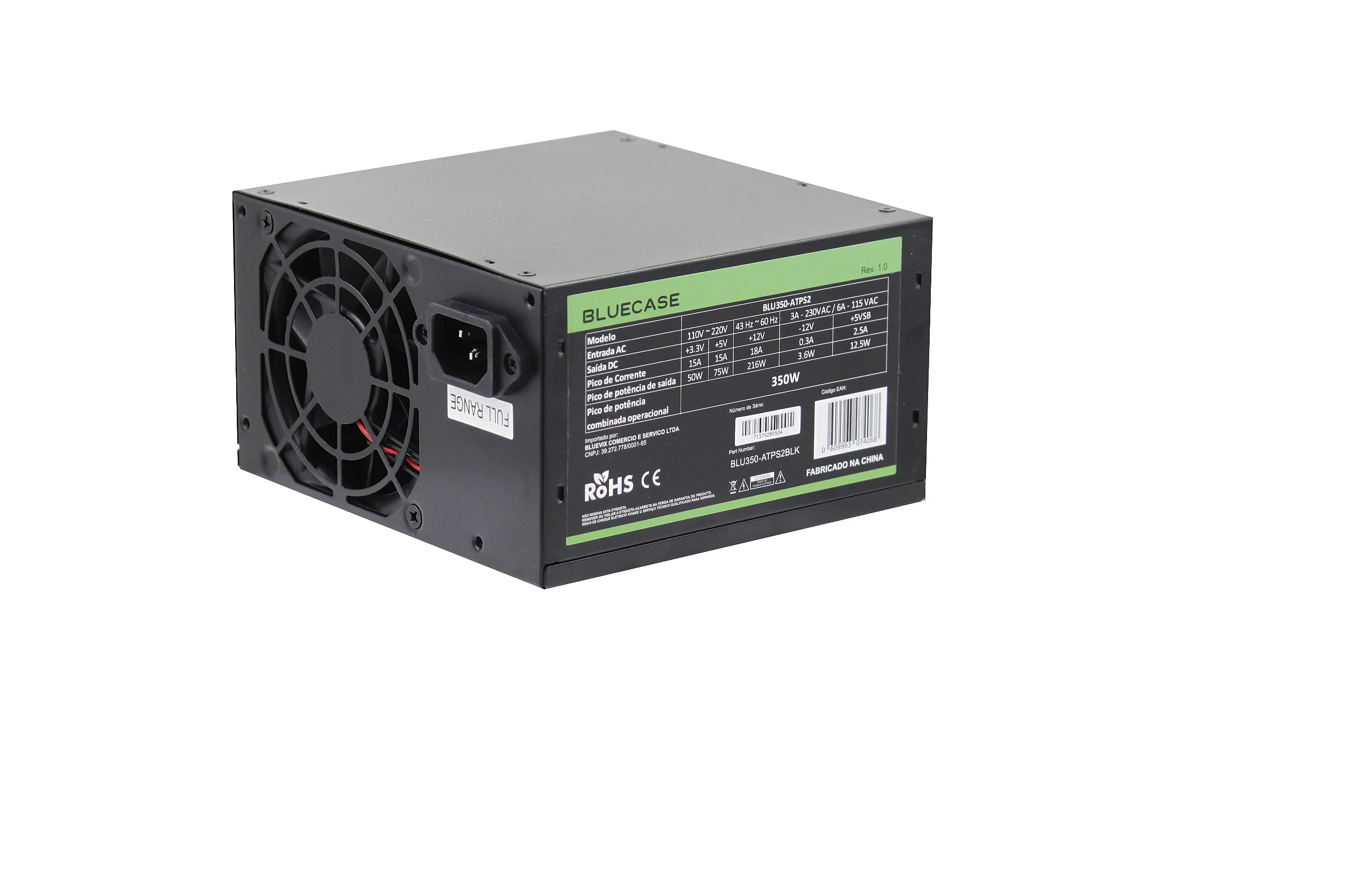 Fonte Atx 0350 W Bluecase Blu350-Atps2Blk, Bivolt, Com Cabo, Sem Caixa, Preto, Bcspfc