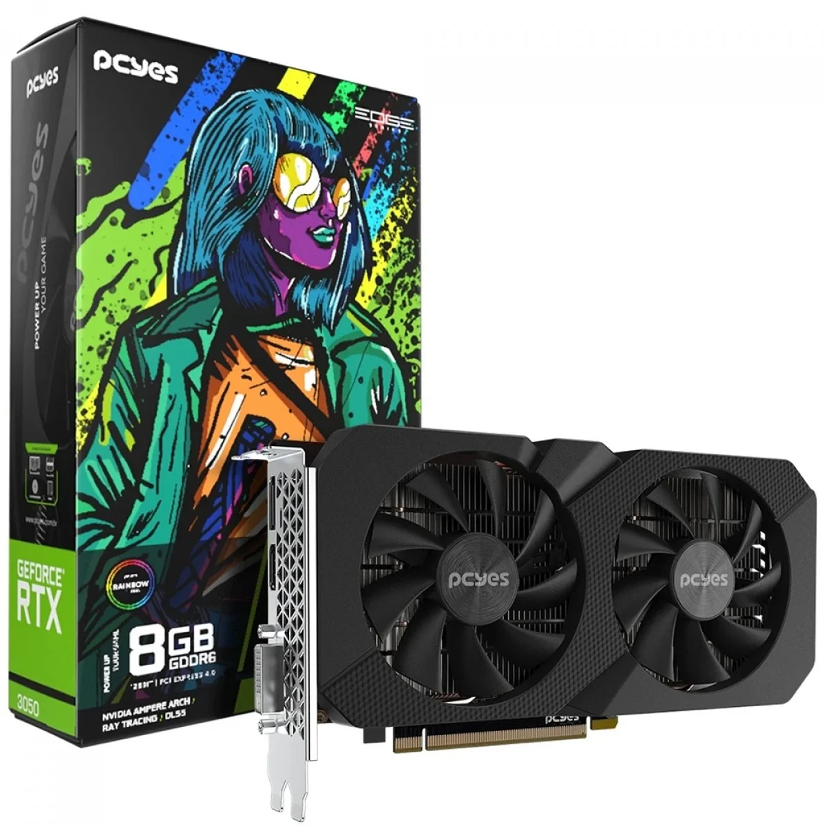 Placa De Vídeo Geforce Ddr6 08Gb/128 Bits Rtx 3050 Pcyes, 2 Fans, Dp, Dvi, Hdmi, Pvrtx30508Blpe