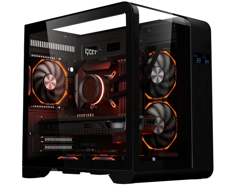 Gabinete Gamer Kmex Cg-48Ki Cyberpunk, Sem Fonte, Sem Fan, Lateral De Vidro, Display Digital, Preto
