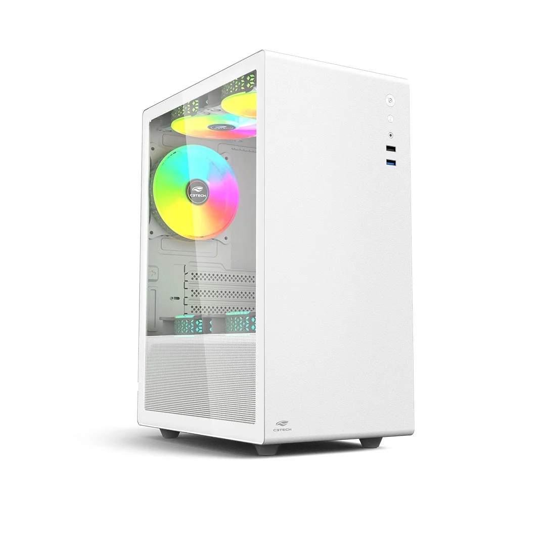 Gabinete Gamer C3Tech Mt-G200Wh, Sem Fonte, 3 Fans, Rgb, Branco, Lateral De Vidro