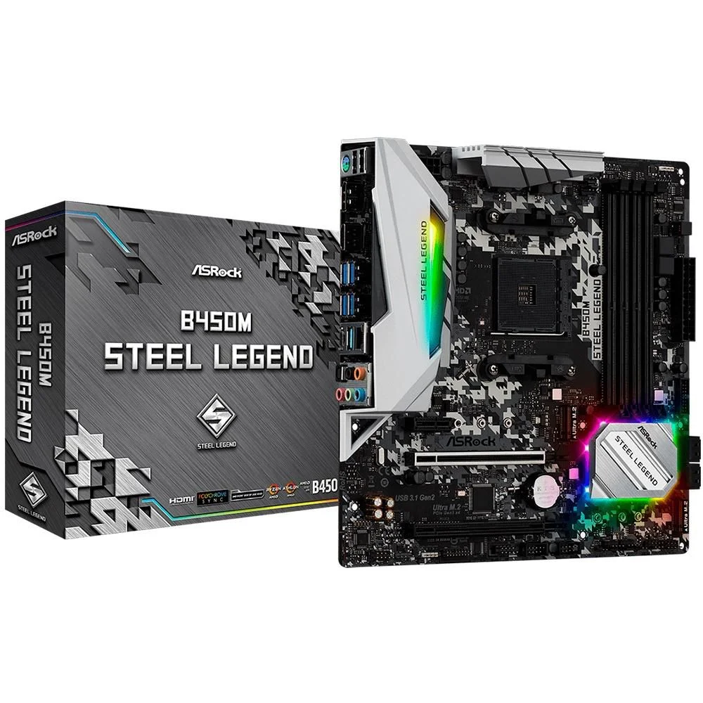 Placa Mãe Am4 Asrock B450M Steel Legend, Ddr4 128Gb, M2/Nvme, Displayport, Hdmi, Preta