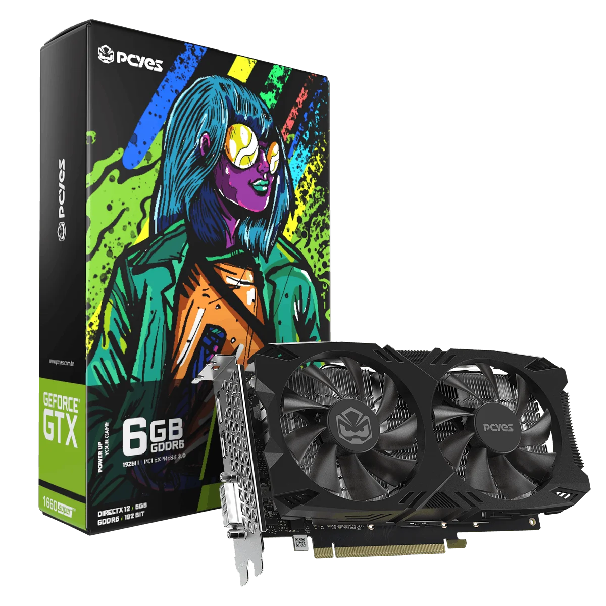 Placa De Vídeo Geforce Ddr6 06Gb/192 Bits Gtx 1660 Super Pcyes, 2 Fans, Dp, Hdmi, Dvi, Pvx1660S62F, Preta